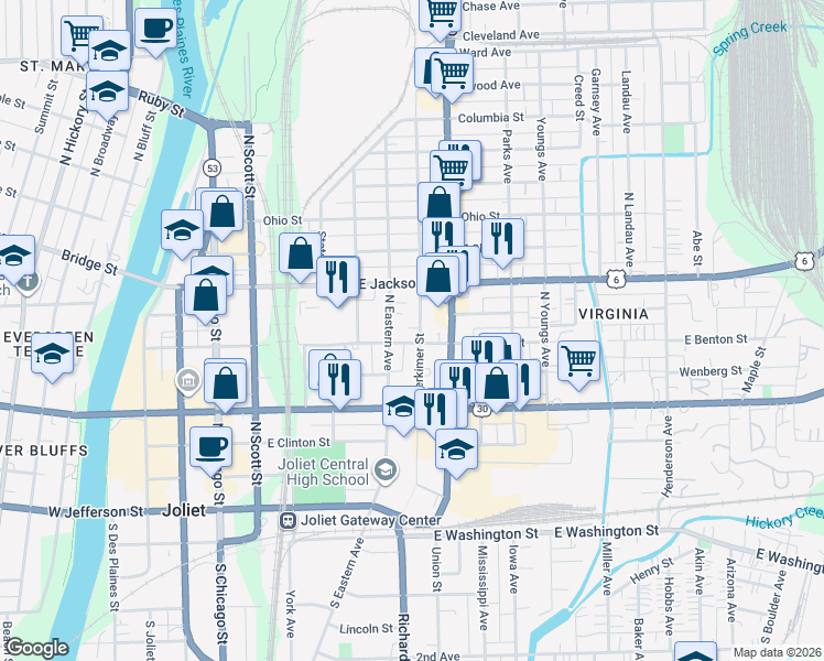 map of restaurants, bars, coffee shops, grocery stores, and more near 309 Herkimer Street in Joliet