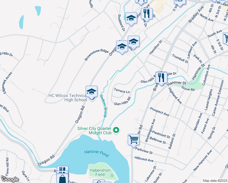 map of restaurants, bars, coffee shops, grocery stores, and more near 250 Glen Hills Road in Meriden