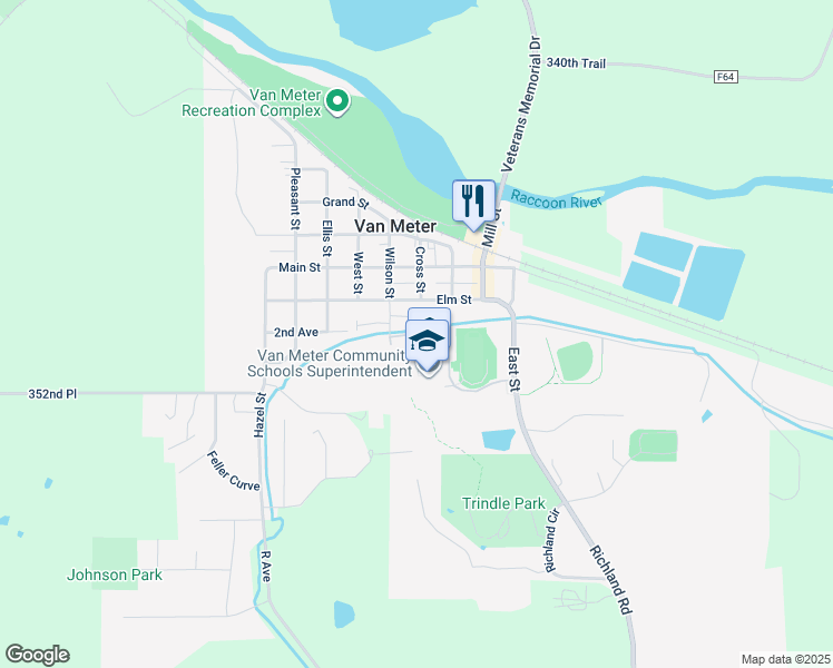 map of restaurants, bars, coffee shops, grocery stores, and more near 1st Avenue in Van Meter