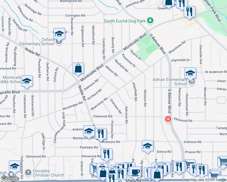 map of restaurants, bars, coffee shops, grocery stores, and more near 3987 Bluestone Road in Cleveland Heights