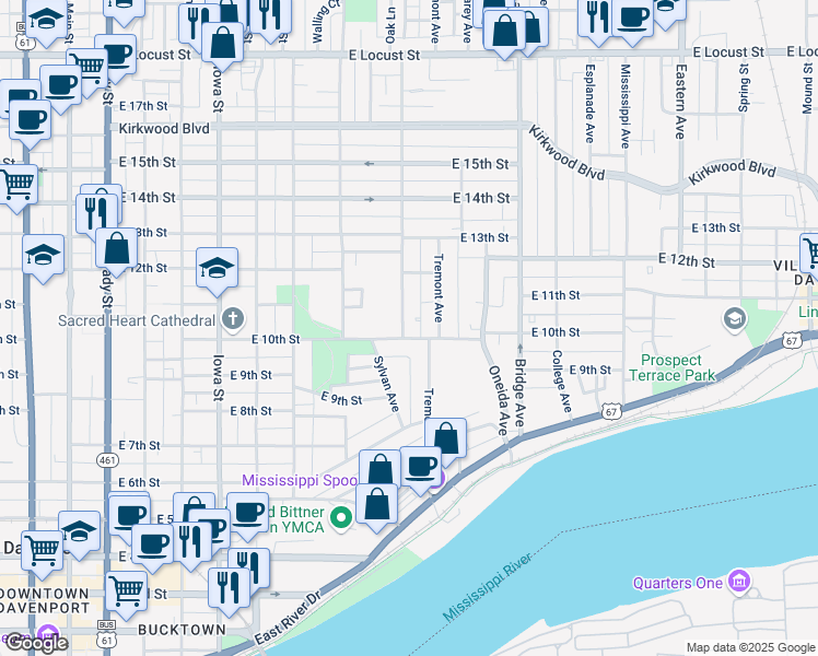 map of restaurants, bars, coffee shops, grocery stores, and more near 1003 Arlington Avenue in Davenport