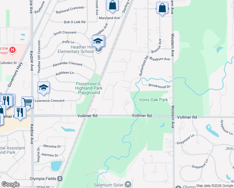 map of restaurants, bars, coffee shops, grocery stores, and more near 1733 Oak Lane Road in Flossmoor