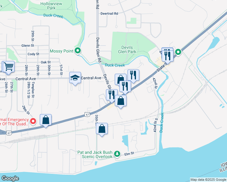 map of restaurants, bars, coffee shops, grocery stores, and more near 825 Devils Glen Road in Bettendorf