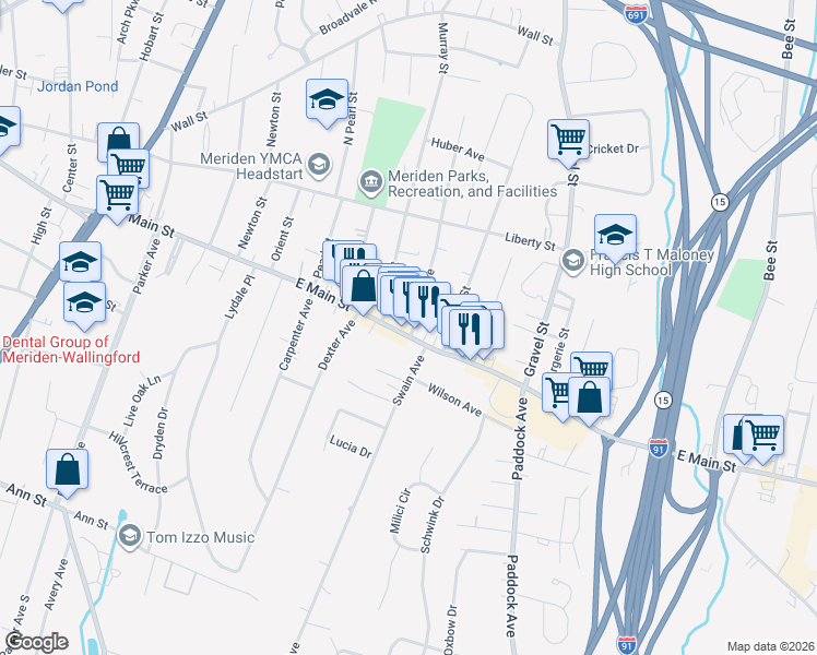 map of restaurants, bars, coffee shops, grocery stores, and more near 694 East Main Street in Meriden