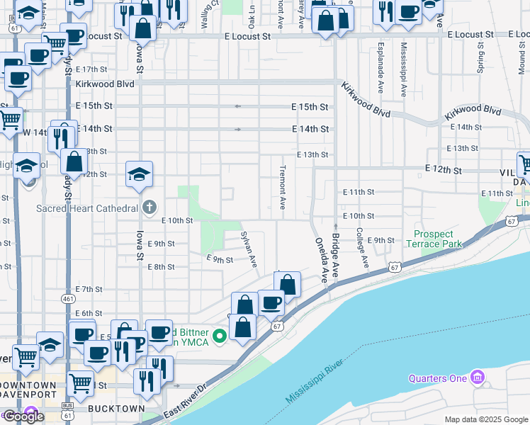 map of restaurants, bars, coffee shops, grocery stores, and more near 1003 Arlington Avenue in Davenport
