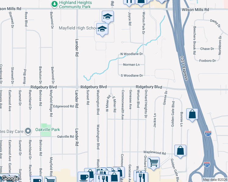 map of restaurants, bars, coffee shops, grocery stores, and more near 6154 Ridgebury Boulevard in Mayfield Heights