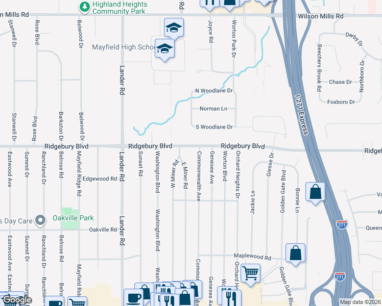 map of restaurants, bars, coffee shops, grocery stores, and more near 6154 Ridgebury Boulevard in Mayfield Heights
