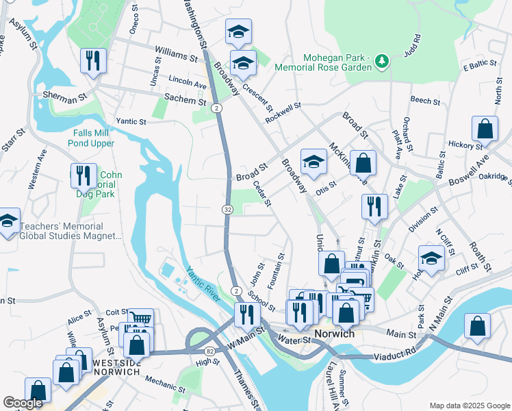map of restaurants, bars, coffee shops, grocery stores, and more near 6 Peggy Lane in Norwich