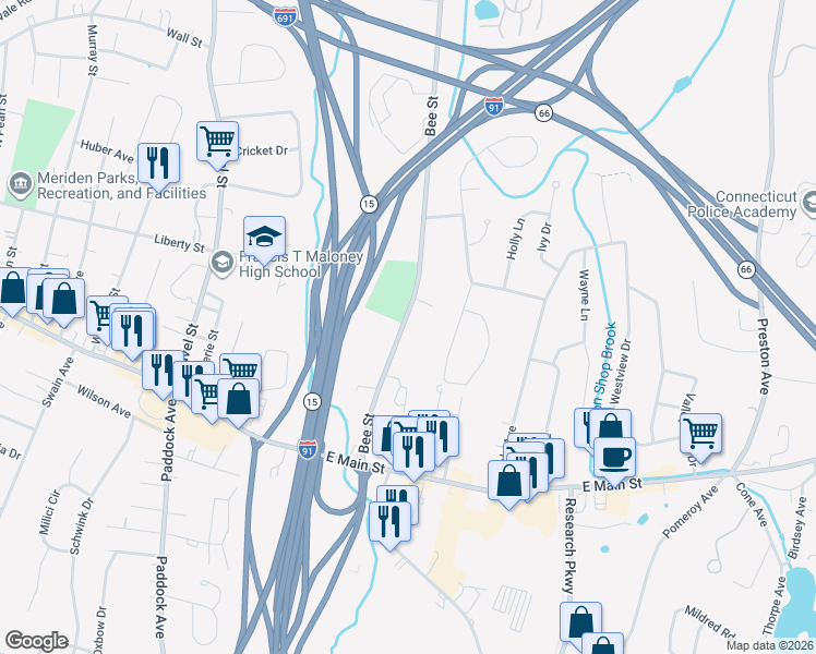 map of restaurants, bars, coffee shops, grocery stores, and more near 155 Bee Street in Meriden