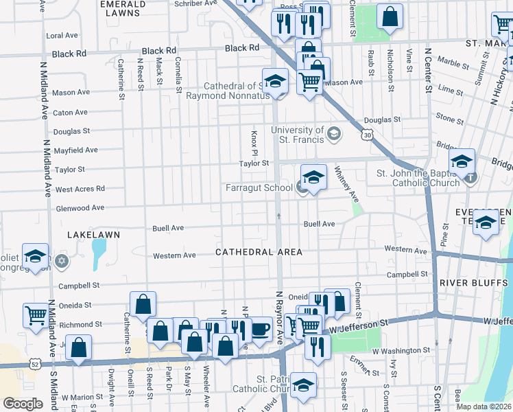map of restaurants, bars, coffee shops, grocery stores, and more near 810 Glenwood Avenue in Joliet