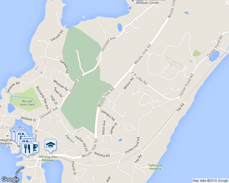 map of restaurants, bars, coffee shops, grocery stores, and more near 424 Woods Hole Road in Falmouth
