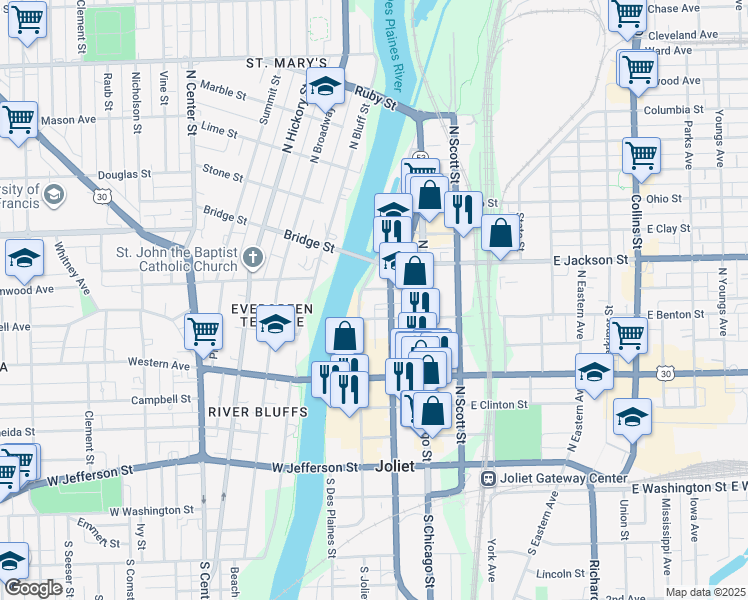 map of restaurants, bars, coffee shops, grocery stores, and more near 310 North Joliet Street in Joliet