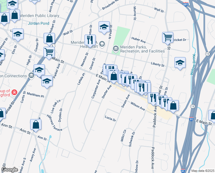 map of restaurants, bars, coffee shops, grocery stores, and more near 607 East Main Street in Meriden