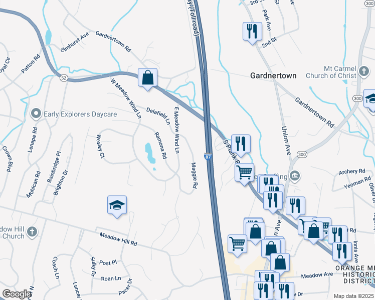 map of restaurants, bars, coffee shops, grocery stores, and more near 1030 Maggie Road in Newburgh