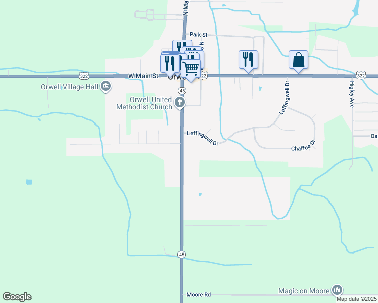 map of restaurants, bars, coffee shops, grocery stores, and more near 169 Ohio 45 in Orwell