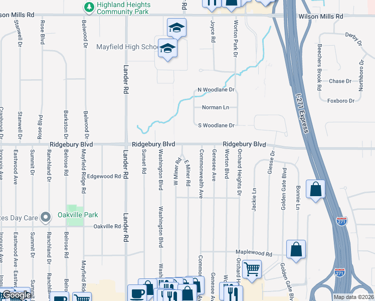 map of restaurants, bars, coffee shops, grocery stores, and more near 6154 Ridgebury Boulevard in Mayfield Heights