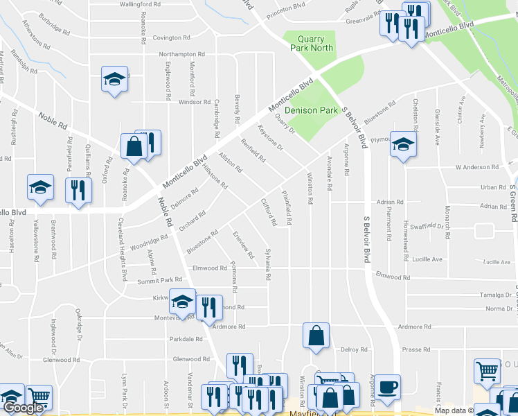 map of restaurants, bars, coffee shops, grocery stores, and more near 4026 Bluestone Road in Cleveland Heights