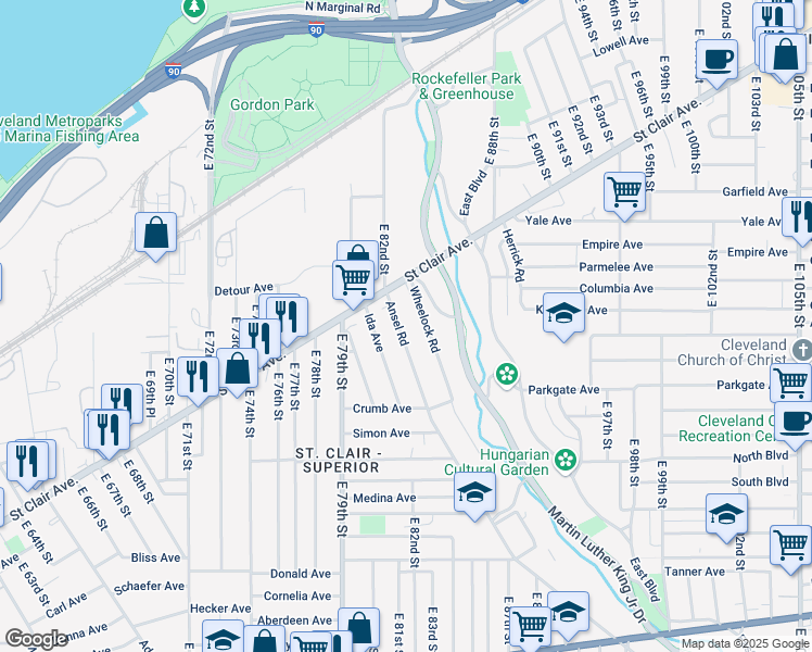 map of restaurants, bars, coffee shops, grocery stores, and more near 857 Ansel Road in Cleveland
