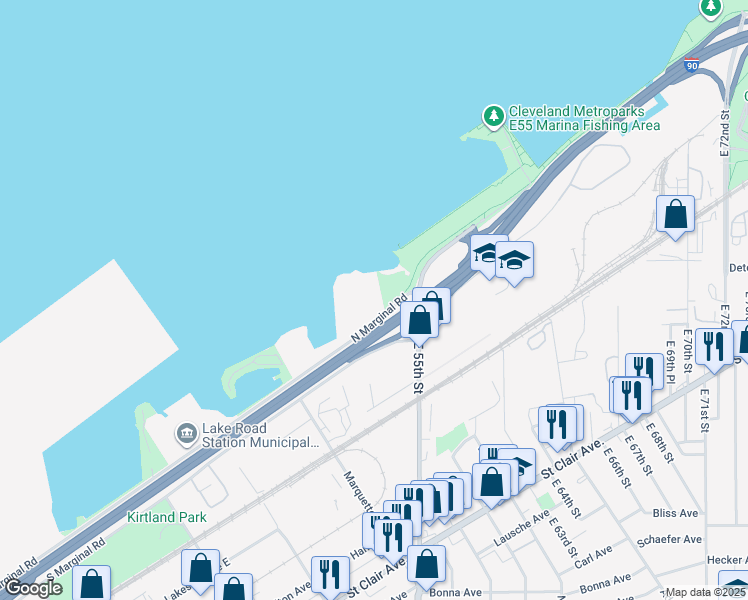 map of restaurants, bars, coffee shops, grocery stores, and more near 5451 North Marginal Road in Cleveland
