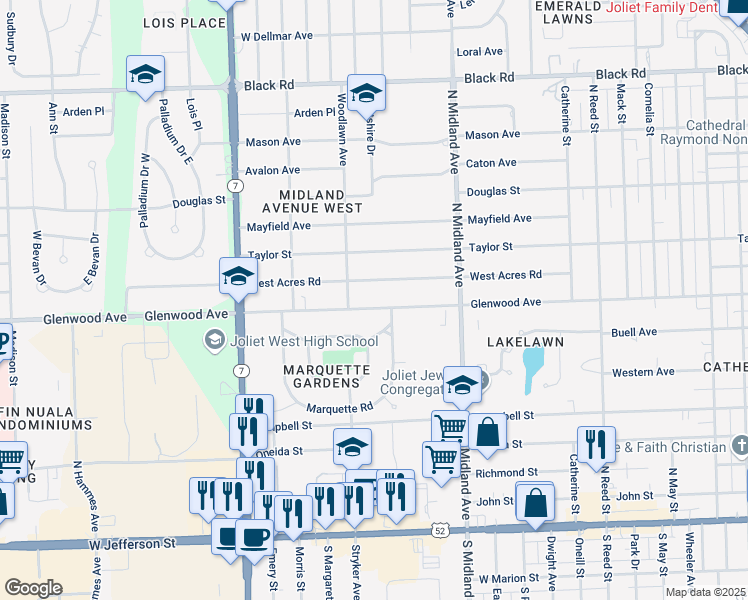 map of restaurants, bars, coffee shops, grocery stores, and more near 1513 Glenwood Avenue in Joliet