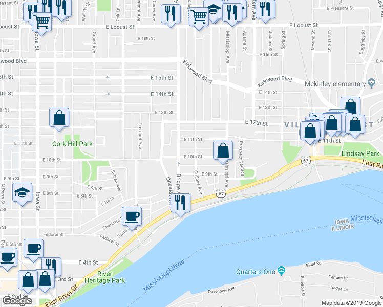map of restaurants, bars, coffee shops, grocery stores, and more near 1014 College Avenue in Davenport