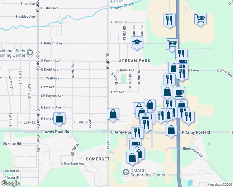 map of restaurants, bars, coffee shops, grocery stores, and more near 521 Hart Avenue in Des Moines
