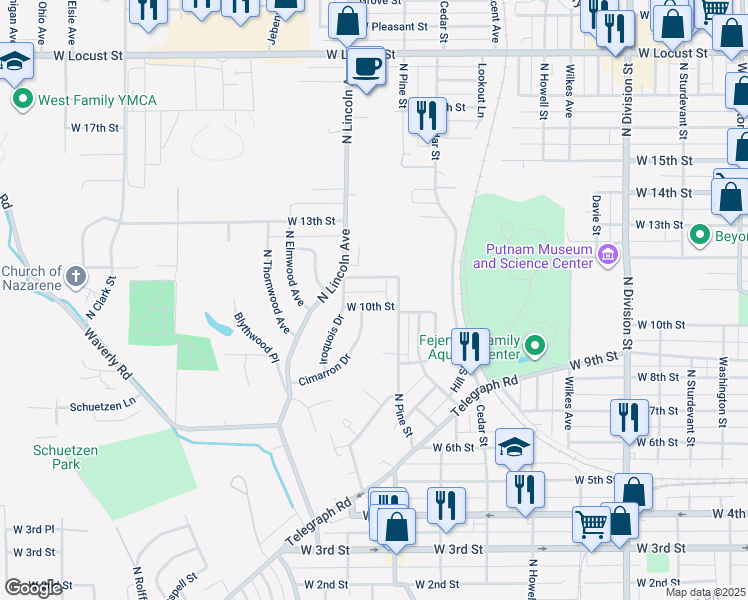 map of restaurants, bars, coffee shops, grocery stores, and more near 2328 West 10th Street in Davenport