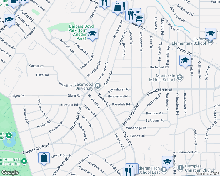 map of restaurants, bars, coffee shops, grocery stores, and more near 3357 Sylvanhurst Rd in Cleveland Heights