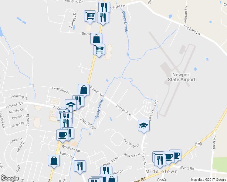 map of restaurants, bars, coffee shops, grocery stores, and more near 6 Champlin Terrace in Middletown