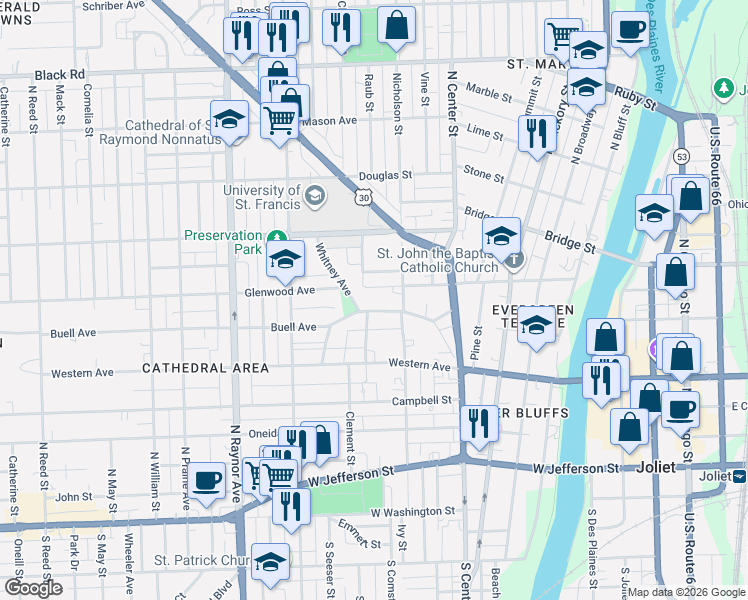 map of restaurants, bars, coffee shops, grocery stores, and more near 509 Buell Avenue in Joliet