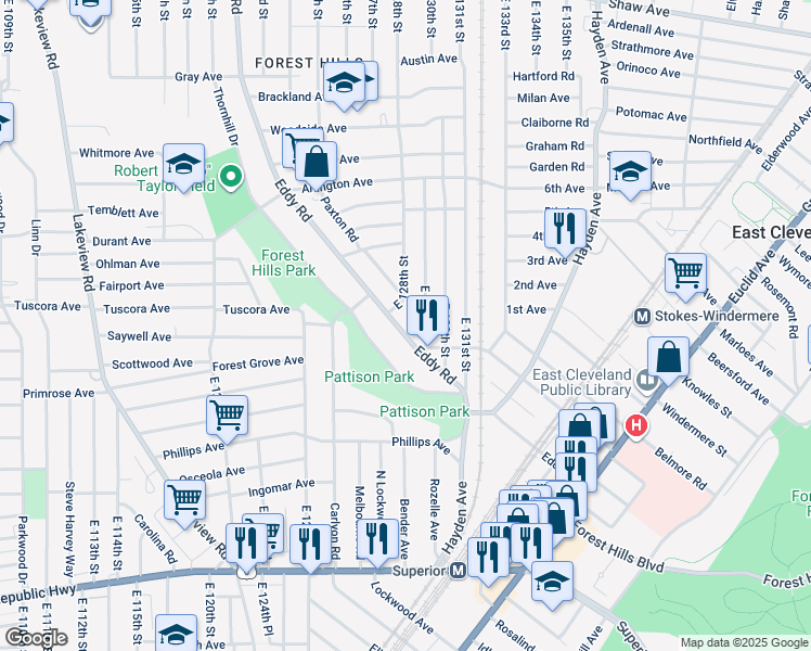 map of restaurants, bars, coffee shops, grocery stores, and more near 1107 Eddy Road in Cleveland