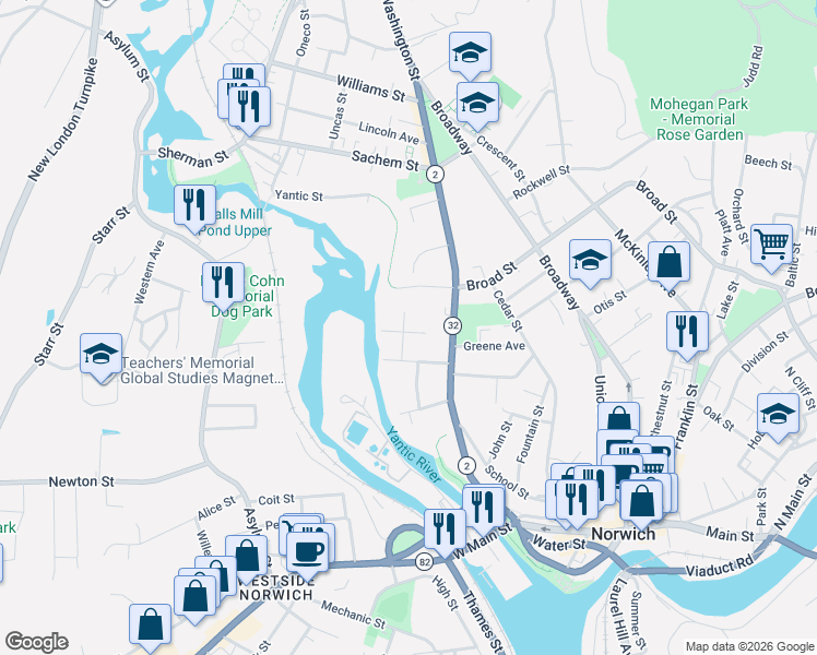 map of restaurants, bars, coffee shops, grocery stores, and more near 10 Tyler Avenue in Norwich