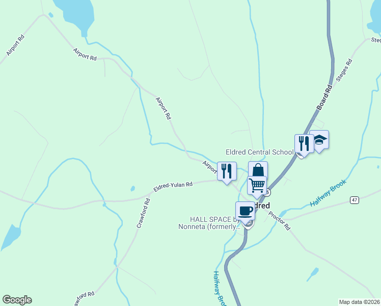 map of restaurants, bars, coffee shops, grocery stores, and more near 21 Airport Road in Eldred
