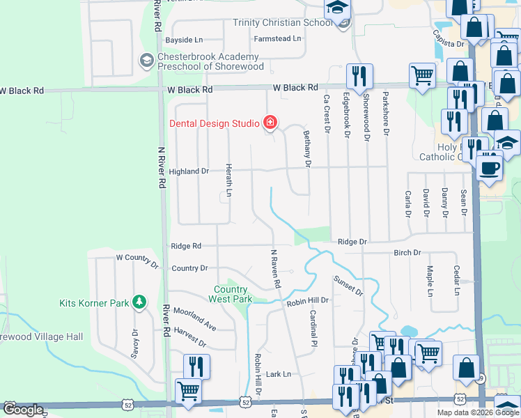 map of restaurants, bars, coffee shops, grocery stores, and more near 506 North Raven Road in Shorewood