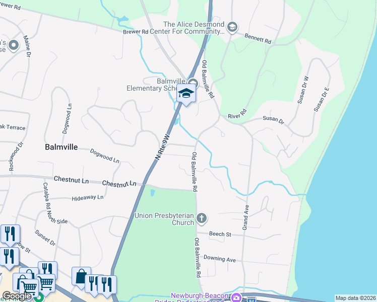 map of restaurants, bars, coffee shops, grocery stores, and more near 73 Old Balmville Road in Newburgh