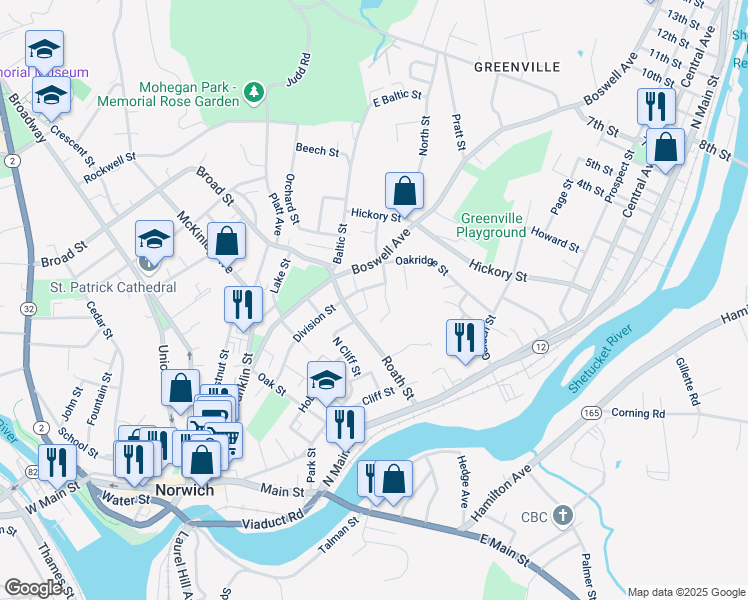 map of restaurants, bars, coffee shops, grocery stores, and more near 17 Joseph Street in Norwich