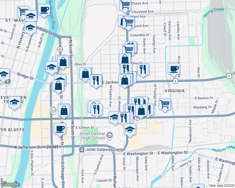 map of restaurants, bars, coffee shops, grocery stores, and more near 309 Herkimer Street in Joliet