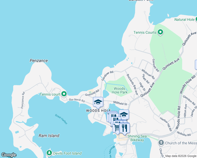 map of restaurants, bars, coffee shops, grocery stores, and more near 50 Gardiner Road in Falmouth