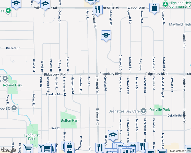 map of restaurants, bars, coffee shops, grocery stores, and more near 5580 Ridgebury Boulevard in Lyndhurst