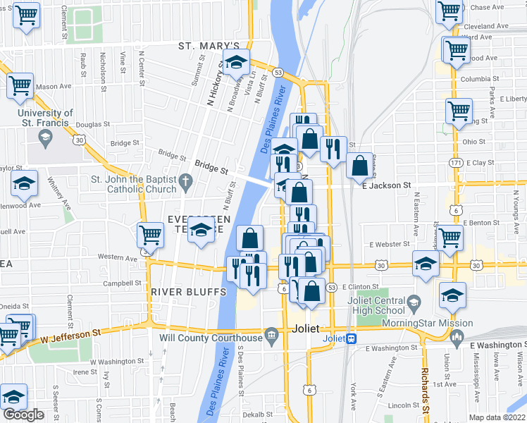 map of restaurants, bars, coffee shops, grocery stores, and more near 310 North Joliet Street in Joliet
