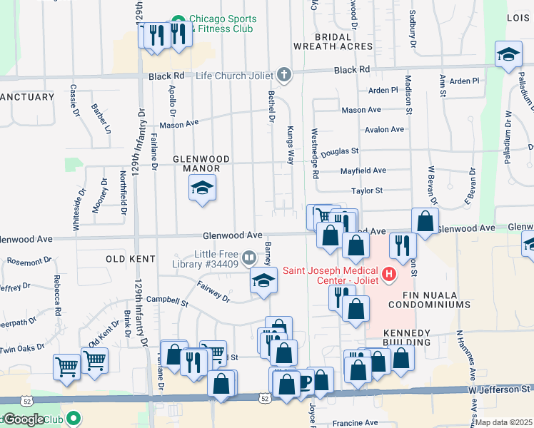 map of restaurants, bars, coffee shops, grocery stores, and more near 2456 Walsh Way in Joliet