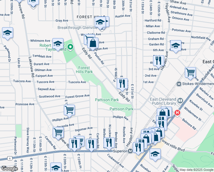 map of restaurants, bars, coffee shops, grocery stores, and more near 1025 Thornhill Drive in Cleveland