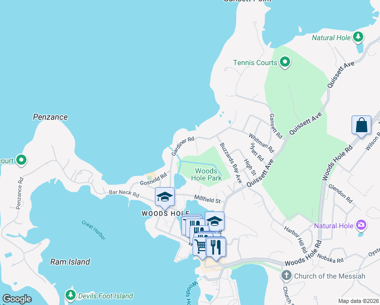 map of restaurants, bars, coffee shops, grocery stores, and more near 15 Park Road in Falmouth