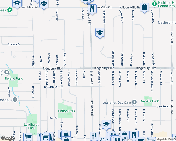 map of restaurants, bars, coffee shops, grocery stores, and more near 5580 Ridgebury Boulevard in Lyndhurst