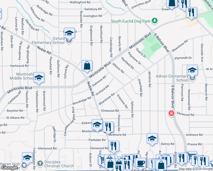 map of restaurants, bars, coffee shops, grocery stores, and more near 3978 Orchard Road in Cleveland Heights