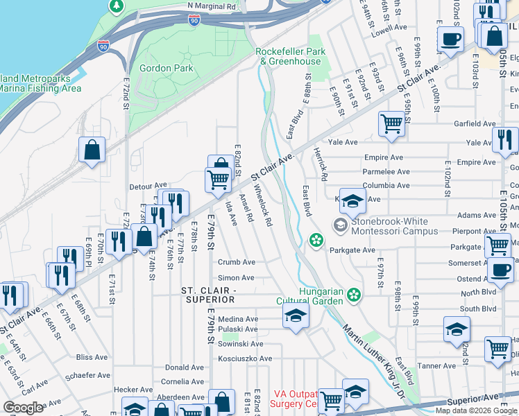 map of restaurants, bars, coffee shops, grocery stores, and more near 325 Wheelock Road in Cleveland