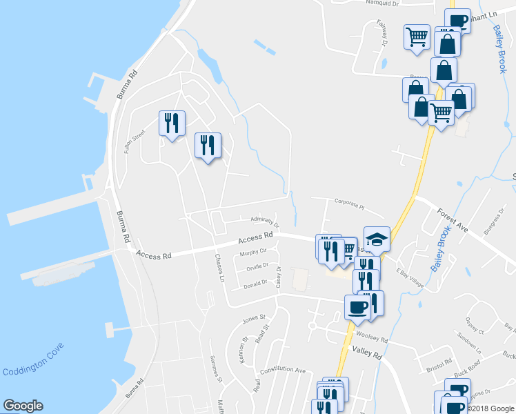 map of restaurants, bars, coffee shops, grocery stores, and more near 8 Admiralty Drive in Middletown