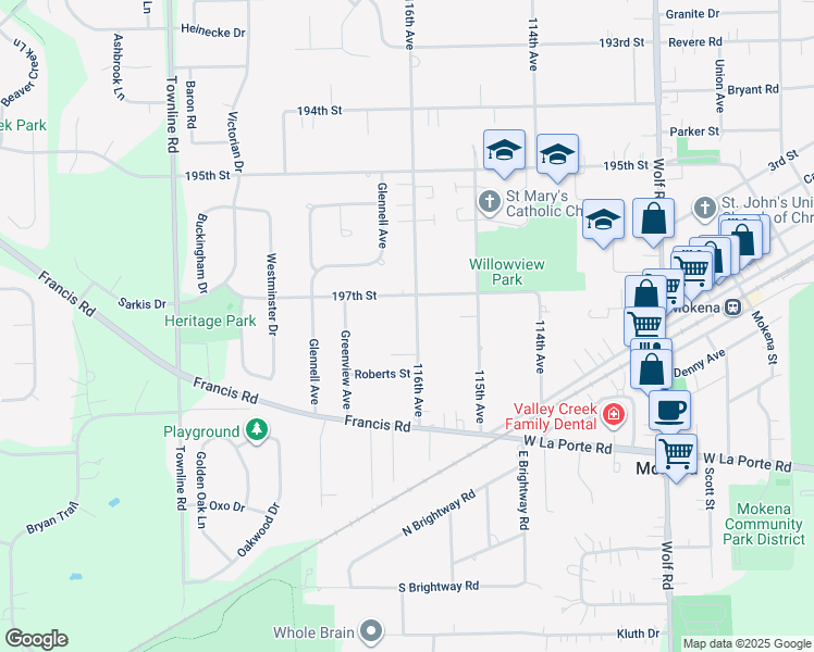map of restaurants, bars, coffee shops, grocery stores, and more near 11629 Seminole Court in Mokena