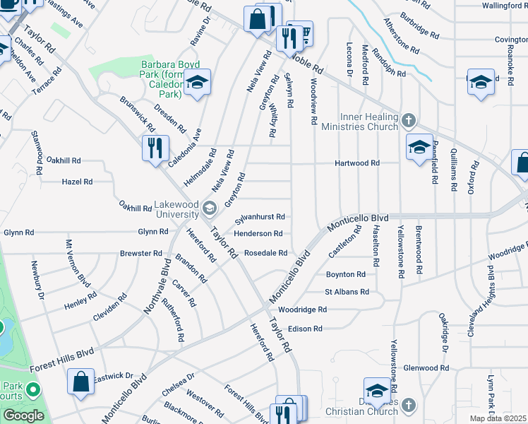 map of restaurants, bars, coffee shops, grocery stores, and more near 3391 Sylvanhurst Rd in Cleveland Heights