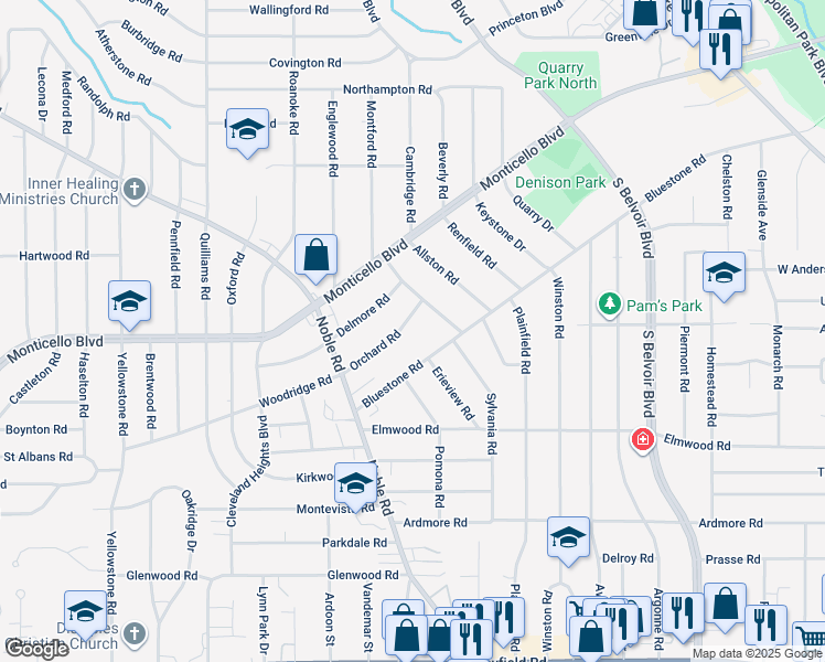 map of restaurants, bars, coffee shops, grocery stores, and more near 3978 Orchard Road in Cleveland Heights